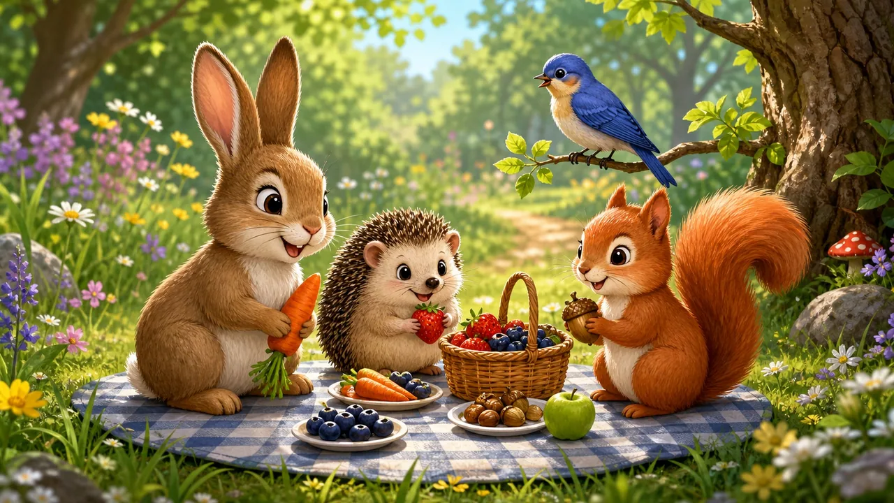 A rabbit, hedgehog, squirrel, and songbird gathered around a tiny round picnic cloth in a sunlit meadow clearing.