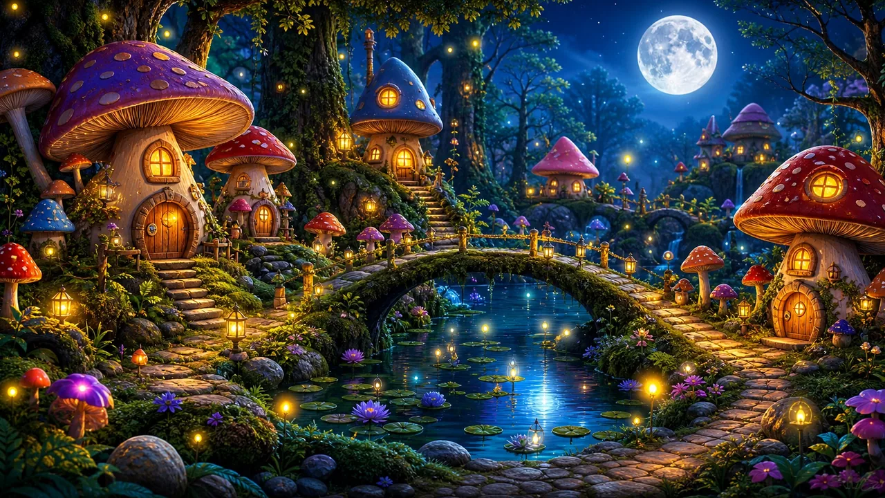 A tiny mushroom village glowing beside mossy bridges and a moonlit woodland pond.