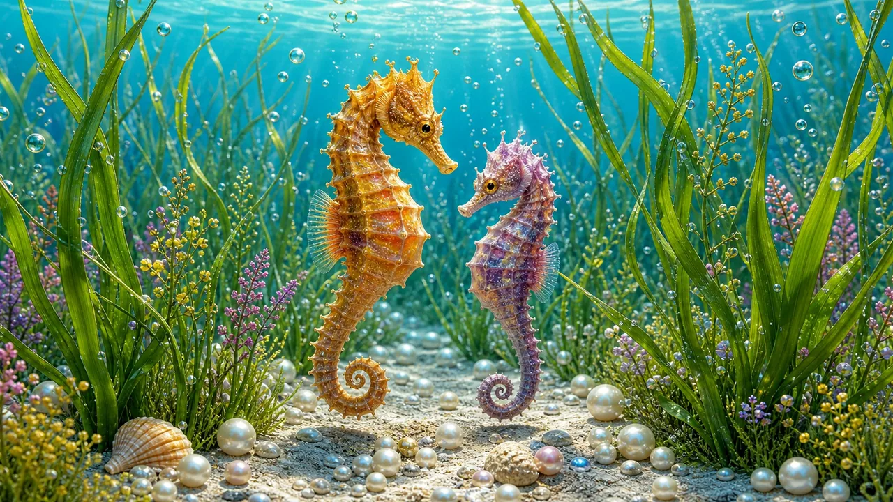 Two seahorses drifting through a sea-grass meadow with tiny bubbles and pearl-like stones.