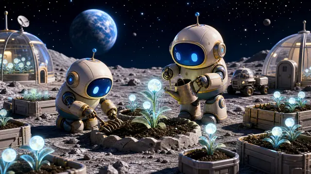 Two friendly robots tending glowing moon plants beneath a starry sky and a distant blue planet.