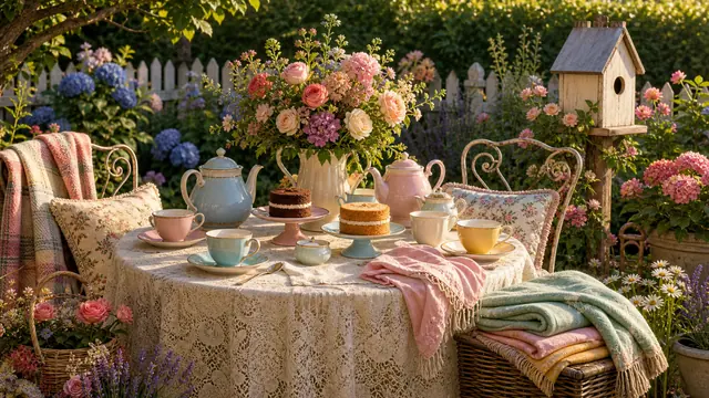 A cottage garden tea table with cups, small cakes, a picnic blanket, flowers, and a wooden birdhouse.