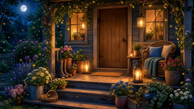 A moonlit cottage porch with boots, lanterns, potted flowers, cushions, and fireflies.