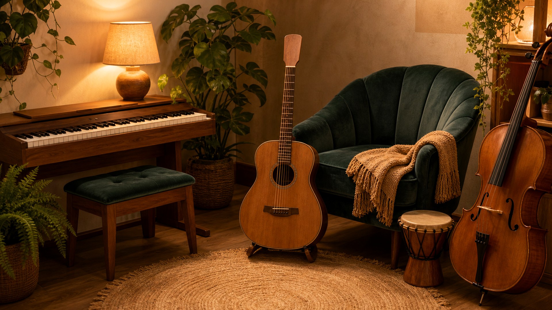 A peaceful music corner with acoustic instruments, a warm lamp, leafy plants, and a velvet chair.